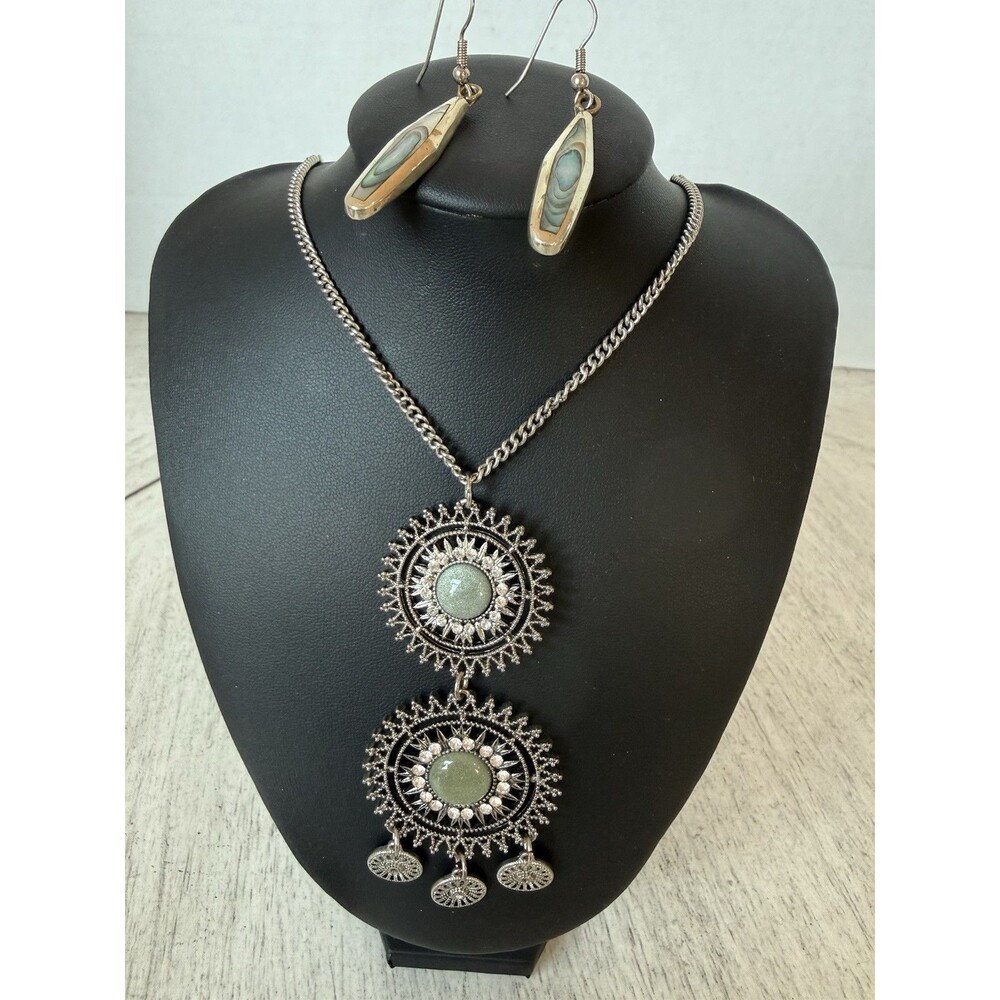 Boho ESR Taxco 925 Abalone Earrings & Silver Tone Sunburst Pendant Necklace